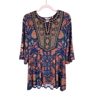 Soft Surroundings Vivian Embroidered Tunic Navy Blue Floral Bell‎ Sleeve P XS